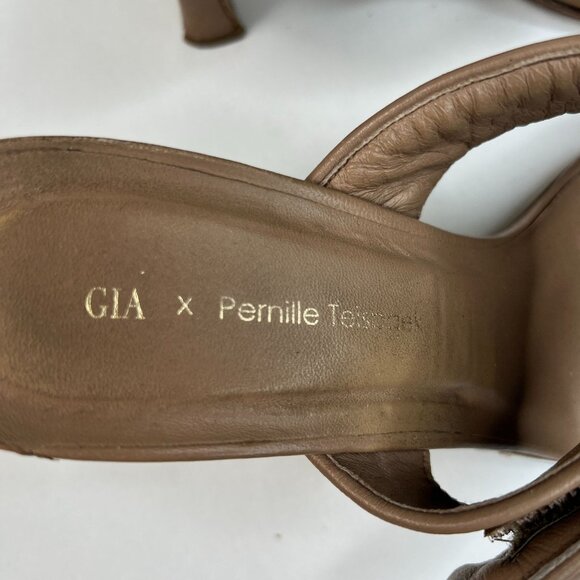 Gia Borghini Pernille Teisbaek Two-Band Puffy Slide Sandals Tan Leather 39.5 - Picture 3 of 16